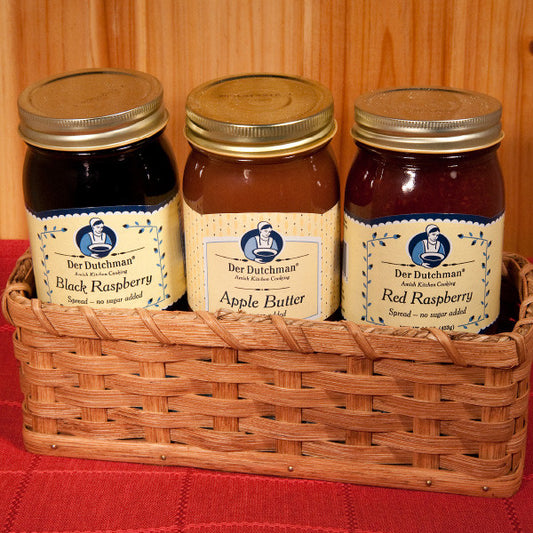 Packaged neatly in an authentic Amish-made cracker basket, we're happy to offer a delicious gift for those who are diabetic or just watching their sugar or carb intake. Der Dutchman No-Sugar Added Spreads are sweetened with natural fruit juices, not with artificial sweeteners.