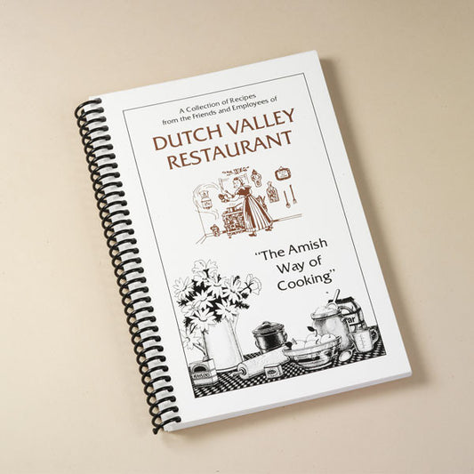Submitted by the employees of Dutch Valley Restaurant, the recipes in this handy cookbook are some of the best-loved in Ohio Amish country. Seriously, you havenÕt lived till youÕve tried the traditional recipes for Dutch Apple Pie, Amish Scalloped Potatoes, Monkey Bread, and other tasty dishes and desserts.

140 pages. A great stuffer for your Amish Gift Basket! 
