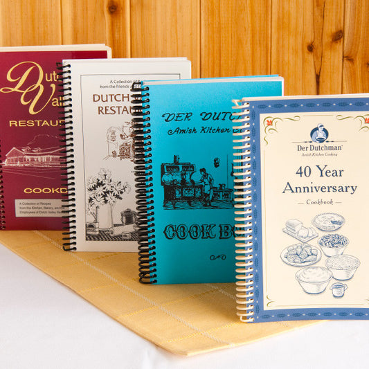 Buy all four of our currently available Der Dutchman and Dutch Valley Restaurant Cookbooks in a set. Includes selected restaurant recipes and submitted recipes from our employees over the years. You'll find recipes for "staples" such as buttermilk cookies, pasta salad, meatloaf, fresh peach pie, homemade ice cream, Amish dressing (stuffing) and beef barley soup, as well as unique recipes such as Mock Turkey, Crow's Nest Pudding, Black Midnight Cake and Lemon Frost Pie, to name a few.

    Der Dutchman 40th 