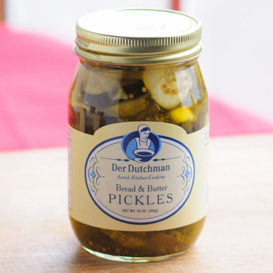 Bread and butter pickles, also known as sweet and sour pickles, reportedly acquired their name in the Depression, when they were placed between pieces of bread and butter to make a cheap sandwich. Our Der Dutchman pickles have a wonderful sweet, tart flavor that is less sweet that a sweet pickle, but not as tart as a dill pickle. 