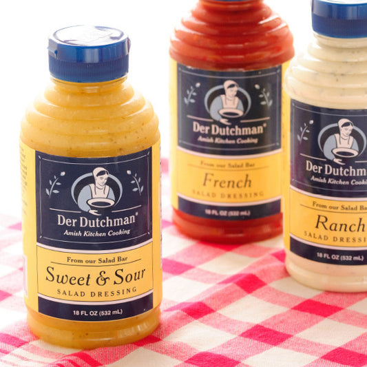 If you've ever been to our salad bars, you know that our salad dressings are some of the best around. Made in our own kitchens, our Der Dutchman salad dressings are now available online for the first time.

Available in 16oz bottles. 